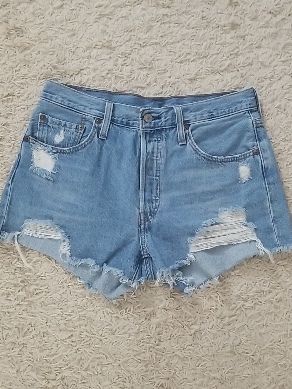 Levi's 501 Light Blue Distressed Denim Shorts